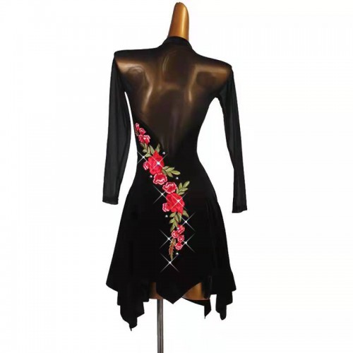Black velvet with red flowers competition latin dance dress with gemstones for women girls rumba salsa chacha dance dress latin costumes
